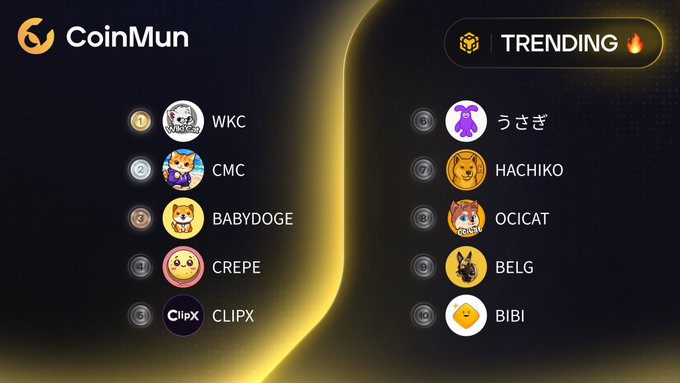 A CoinMun graphic displays a 'TRENDING' list of cryptocurrencies with animal-themed icons, including WKC, CMC, BABYDOGE, CREPE, CLIPX, うさぎ, HACHIKO, OCICAT, BELG, and BIBI.
