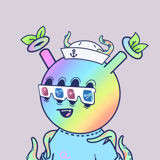 A colorful cartoon illustration of a rainbow-gradient character wearing a sailor's hat and star-patterned sunglasses, with green leaves and swirling tentacle details.
