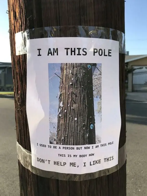 A humorous poster attached to a wooden utility pole reads 'I AM THIS POLE - I USED TO BE A PERSON BUT NOW I AM THIS POLE - THIS IS MY BODY NOW - DON'T HELP ME, I LIKE THIS' alongside an image of the pole covered in nails and bolts.