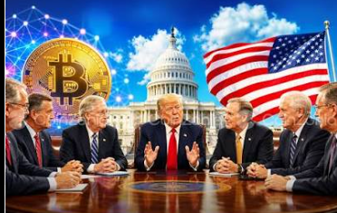 A political-themed graphic depicting Donald Trump at a table with officials, set against a backdrop of the U.S. Capitol, American flag, and a large Bitcoin coin.
