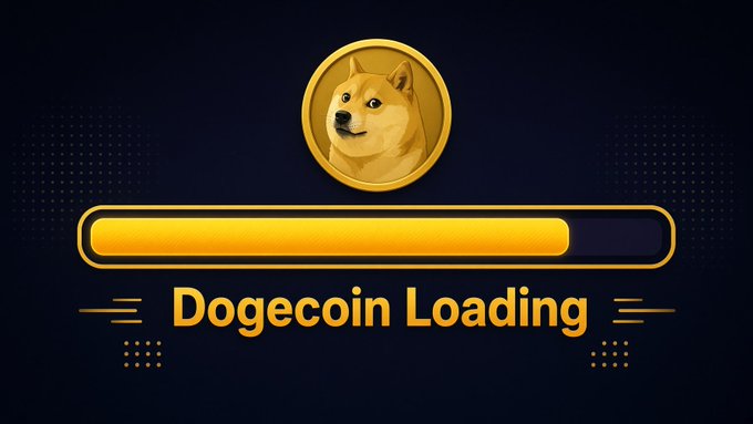A golden Dogecoin coin featuring the iconic Shiba Inu dog sits above a nearly full loading bar with the text "Dogecoin Loading" beneath it, visually reinforcing the message that the $DOGE takeover is on the verge of happening.