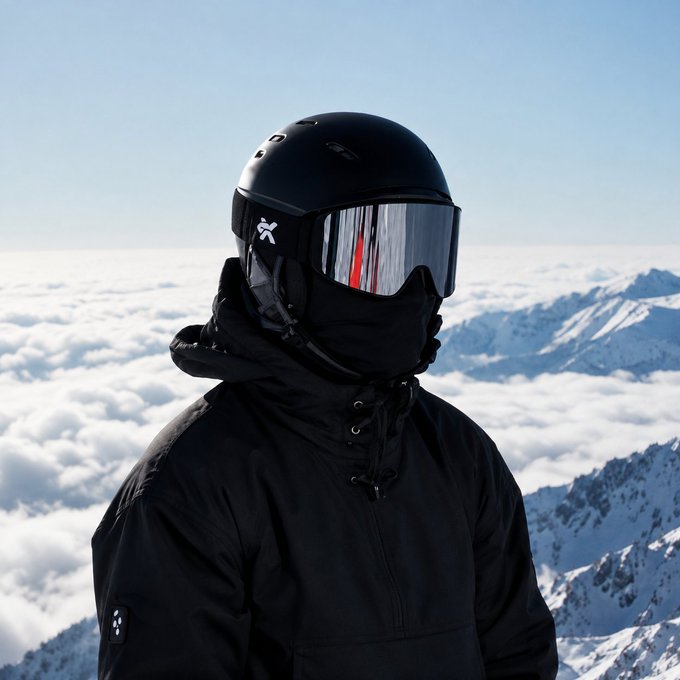 A person in a black ski jacket, helmet, and reflective goggles stands in front of snow-capped mountains above a sea of clouds.