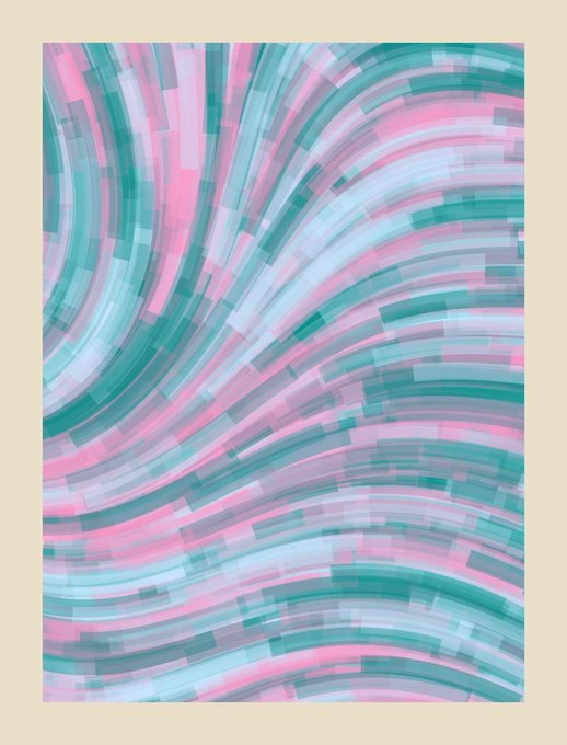 An abstract digital artwork featuring flowing curved stripes in shades of teal, blue, pink, and lavender on a cream-colored background.