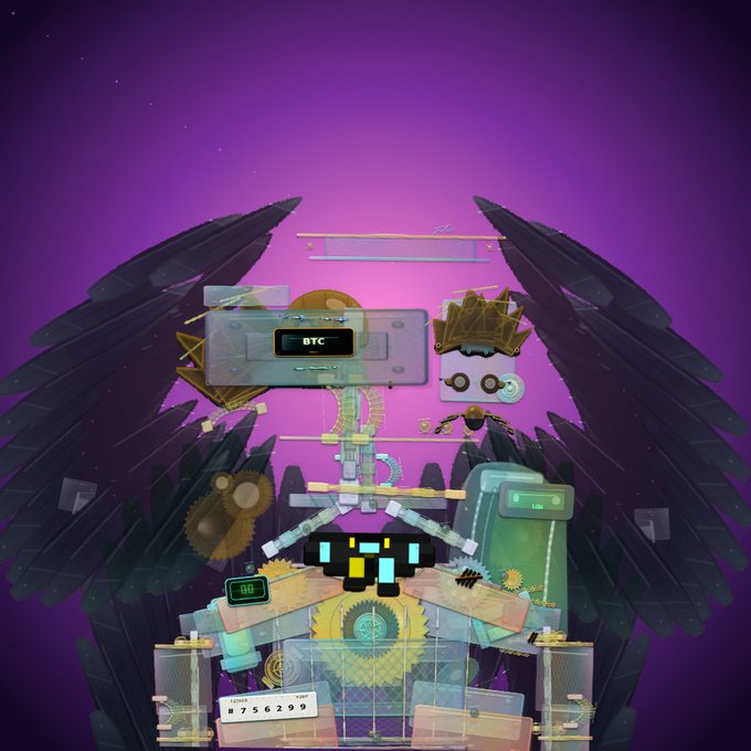 A detailed digital illustration of a winged mechanical contraption labeled "BTC" with gears, a battery, and various mechanical components set against a purple gradient background.