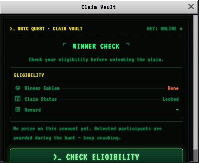 A 'Claim Vault' screen showing 'MBTC QUEST' with a 'Winner Check' panel indicating 'Winner Emblem: None', 'Claim Status: Locked', and the message 'No prize on this account yet. Selected participants are awarded during the hunt - keep cracking.'