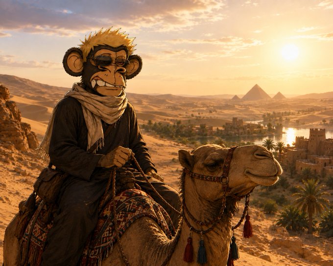 An anthropomorphic monkey character wearing a headwrap and sunglasses rides a decorated camel, with Egyptian pyramids and a sunset in the background.