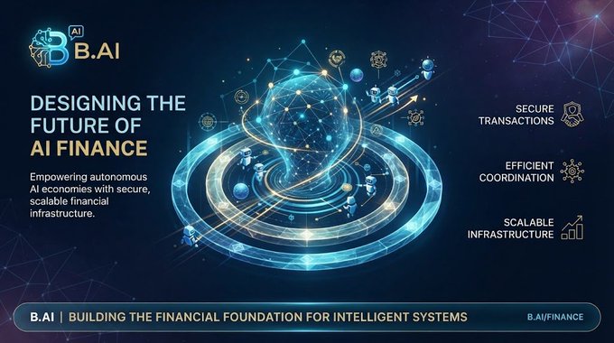 A dark blue promotional graphic for B.AI titled 'DESIGNING THE FUTURE OF AI FINANCE' featuring a glowing futuristic globe with orbital rings, listing features like 'SECURE TRANSACTIONS', 'EFFICIENT COORDINATION', and 'SCALABLE INFRASTRUCTURE'.