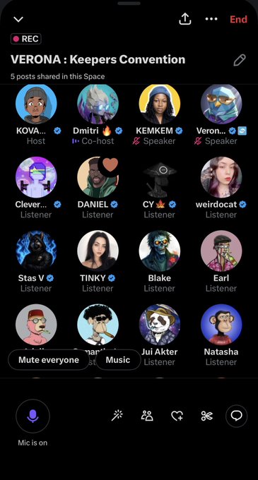 A screenshot of a Twitter/X Spaces audio room titled 'VERONA : Keepers Convention' showing a host, co-host, and multiple speakers and listeners with NFT-style profile pictures.