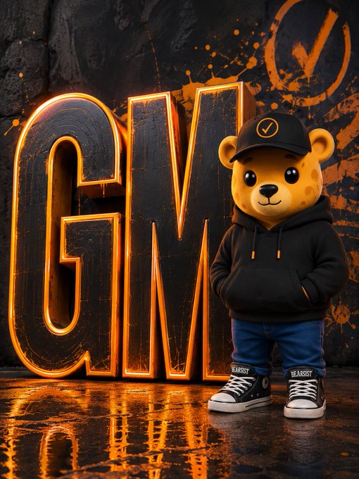 A cartoon bear character wearing a black hoodie, jeans, sneakers, and a cap with a checkmark stands in front of large glowing orange 'GM' letters against a dark, splattered background.