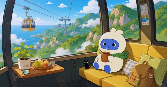 The image features a cartoon character, likely a white rabbit or a blue monster, sitting inside an open-air vehicle with a window overlooking a mountainous landscape. The character appears to be holding a cup of coffee while enjoying the view outside. In the background, there is a yellow cable car and a green plant, adding to the overall atmosphere of the scene. The image also contains text that reads "Dlicom is building a platform where users own their assets, data, and digital identity while staying connected in a decentralized world #DlicomApp #Dlicom #Web3 #Blockchain #Decentralization". This suggests that the cartoon character might be part of a Dlicom project or an application related to web3 technology.