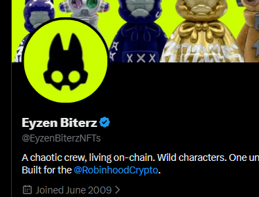 A Twitter/X profile for 'Eyzen Biterz' (@EyzenBiterzNFTs) featuring a neon yellow bunny logo, with the bio describing 'A chaotic crew, living on-chain. Wild characters. Built for the @RobinhoodCrypto.' and showing a 'Joined June 2009' date.