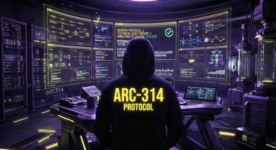 A hooded figure stands before a wall of glowing monitors displaying a "Kosasih Protocol Technical Audit Report" with a green "SUCCESS" checkmark and "IMMUTABLE STATUS" confirmation, while the back of their jacket prominently reads "ARC-314 PROTOCOL"—visually reinforcing the certification claim that the Kosasih Protocol codebase has been officially audited and sealed as immutable by ARC314.