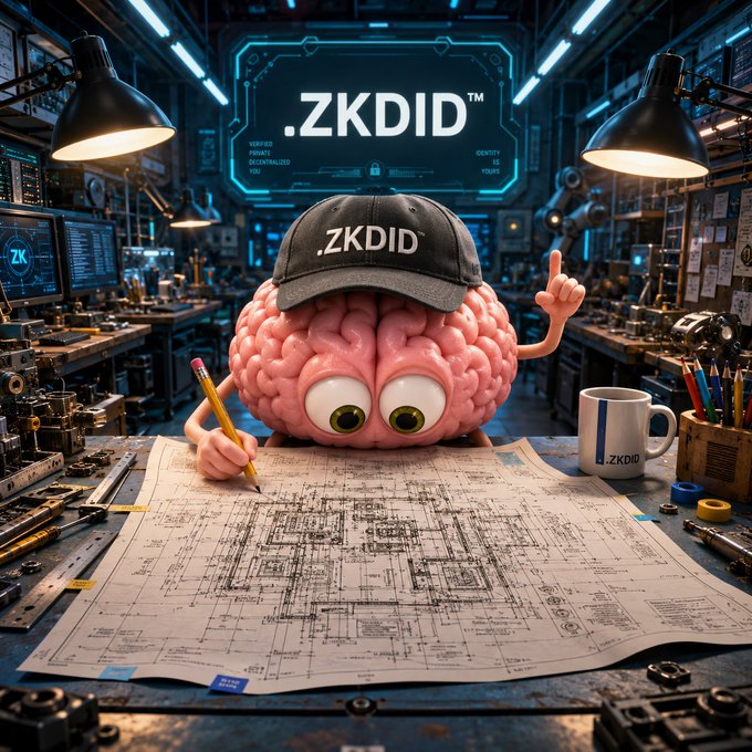 A 3D-rendered cartoon brain character wearing a black '.ZKDID' cap stands at a workbench in a tech workshop, holding a pencil over blueprints while pointing upward with its other hand.