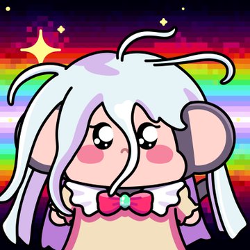 A cute chibi-style cartoon character with long white hair, mouse-like ears, and large expressive eyes, wearing a white dress with a pink bow, set against a colorful retro pixelated rainbow background with sparkles.