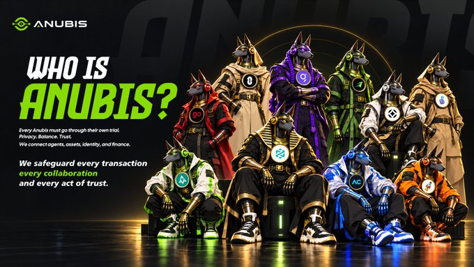 Marketing graphic for 'ANUBIS' cryptocurrency project featuring anthropomorphic Anubis characters in various colored outfits with text 'WHO IS ANUBIS?' and 'We safeguard every transaction every collaboration and every act of trust.'