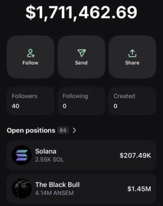 A crypto portfolio screenshot displaying a total balance of $1,711,462.69 with 40 followers, 0 following, and 84 open positions including Solana ($207.49K, 2.55K SOL) and The Black Bull ($1.45M, 4.14M ANSEM), used to demonstrate the account's success in a giveaway soliciting followers' SOL addresses.
