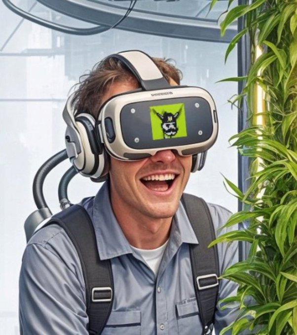 A man wearing a VR headset with built-in headphones smiling broadly, featuring a green screen display on the headset showing a cartoon dog logo, with lush green plants and a glass window in the background.