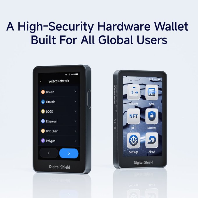 An advertisement for a Digital Shield hardware wallet, described as 'A High-Security Hardware Wallet Built For All Global Users,' showing the device's network selection screen (Bitcoin, Litecoin, DOGE, Ethereum, BNB Chain, Polygon) and main menu.
