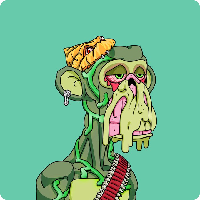 A stylized illustration of a green zombie-like monkey head featuring drooping slime, a small orange creature perched on top, and a red ammunition belt draped across its body against a teal background.