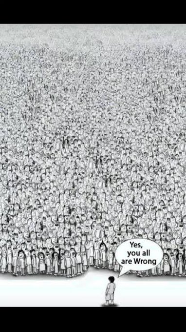 A lone figure stands before an enormous crowd of identical people, declaring in a speech bubble: "Yes, you all are Wrong."

The illustration humorously depicts the "one person against the masses" trope, mirroring the post's analogy of a lone XRP holder confidently rejecting the overwhelming majority consensus of Bitcoin maximalists—just as a single holdout juror refuses to convict alongside everyone else.
