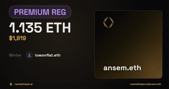 A dark-themed digital card from namewhisper.ai displays the "PREMIUM REG" of **ansem.eth**, which sold for **1.135 ETH ($1,819)**, minted by **lowonfiat.eth**. The design features a gold diamond-like logo on a gradient background, visually highlighting the premium nature of the five-letter ENS name.