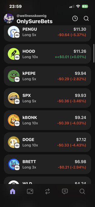 The image shows an iPhone screen displaying a list of cryptocurrency names, including "Kpke", "DOGE", "SPDK", and others. The text on the screen reads "Only SureBets" and "Penguin". There are also several other cryptocurrency names displayed in the app's search bar.