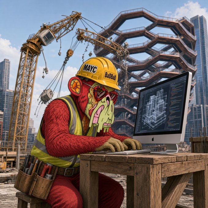 A red furry creature wearing a yellow hard hat labeled 'MAYC' and 'BadBAd', safety glasses, and a high-visibility vest, typing on a computer displaying code, with a construction site in the background.