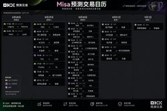 An OKX cryptocurrency trading interface displays the Misa prediction events calendar page in dark mode with various market listings.