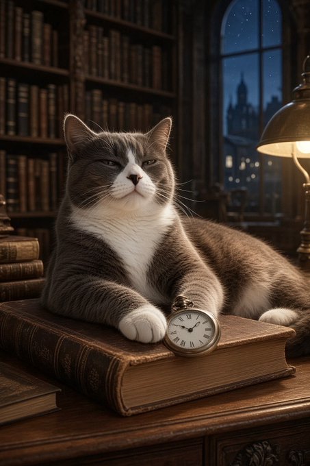 A gray and white cat sits calmly on a large antique book in a dimly lit library, resting its paw on a vintage pocket watch, with a view of a starry night sky and city lights through an arched window.