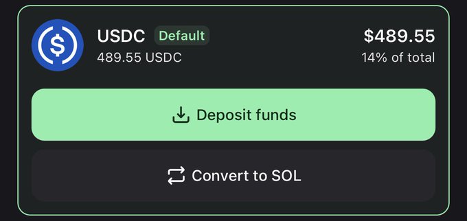 A digital wallet interface displays a USDC balance of 489.55 (worth $489.55), representing 14% of total holdings, with options to "Deposit funds" or "Convert to SOL." The image illustrates the poster's earnings from Pumpfun callouts, supporting their claim about making $489 through crypto content creation.