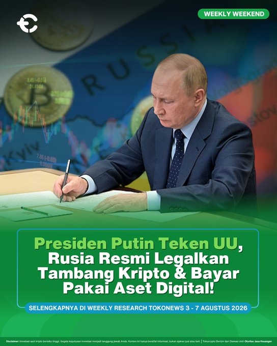 Russian President Vladimir Putin signs a new law to legalize crypto mining and digital asset payments, as seen in this image overlaid with Bitcoin symbols and financial charts. The accompanying text confirms that Russia has officially legalized crypto mining and payments using digital assets.