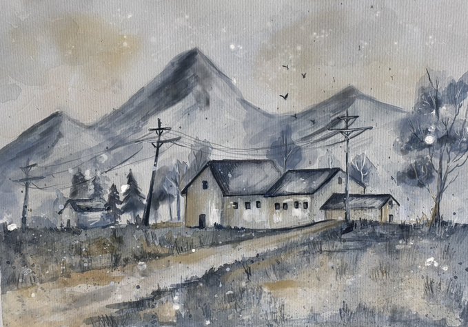 A watercolor painting depicting a rural landscape with a house, power lines, and misty mountains in shades of gray and brown.