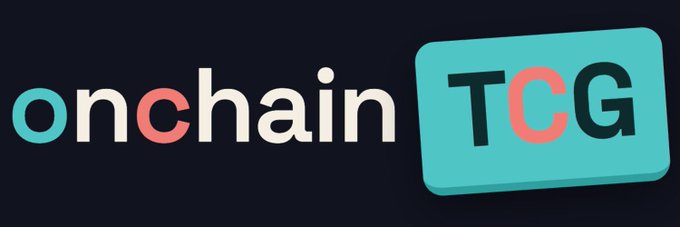 The image displays the "onchain" logo in white and teal text alongside a teal "TCG" badge on a dark navy background. This branding visually represents the launch of $OCTCG on Robinhood Chain, as referenced in the accompanying post about the trading card game ecosystem.