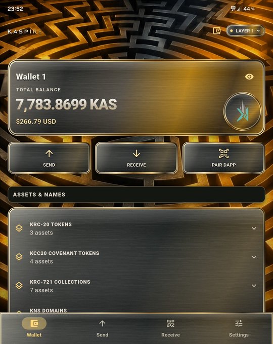 The image shows the Kaspire Wallet interface with a striking silver-golden theme, displaying "Wallet 1" with a total balance of 7,783.8699 KAS ($266.79 USD), and the accompanying post highlights this as the new theme release.