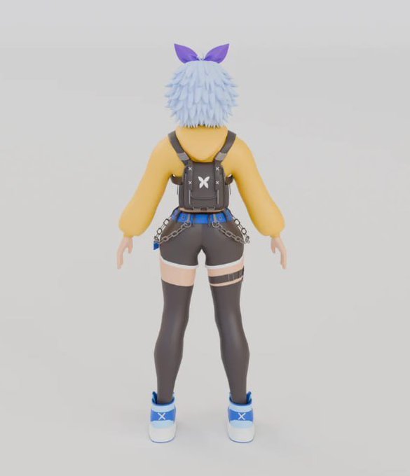 A 3D anime-style character with blue hair, a yellow jacket, black shorts, and thigh-high stockings stands facing away.