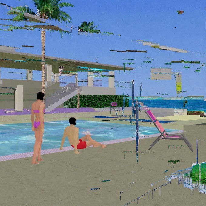 A low-quality, glitchy 3D render of two people at a beach resort pool, with one person standing in a purple bikini and another sitting in red swim trunks, palm trees and ocean in the background.