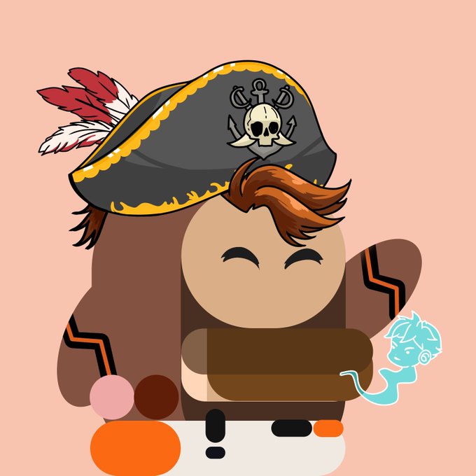 A cartoon pirate character wearing a black tricorn hat adorned with red and white feathers and a skull emblem with crossed anchors posts "GM Frens," with a cheerful, closed-eye smile and a small blue ghost companion by their side.