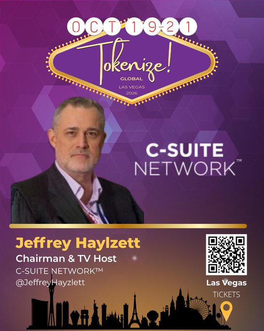 Event flyer for 'Tokenize! GLOBAL LAS VEGAS 2026' on 'OCT 19-21,' featuring a photo of 'Jeffrey Hayzlett, Chairman & TV Host, C-SUITE NETWORK™' (@JeffreyHayzlett) with a QR code for 'Las Vegas TICKETS.'