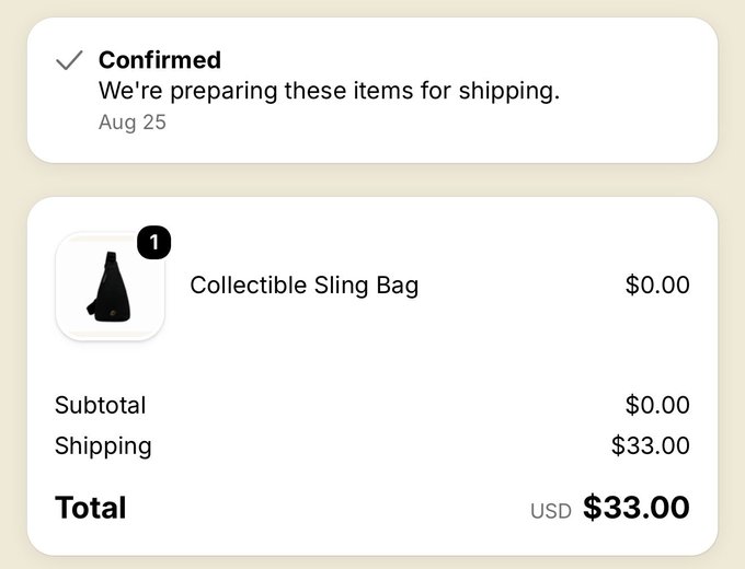 An order marked “Confirmed” for a “Collectible Sling Bag” shows shipping preparation for Aug 25, with a $33.00 shipping fee and $33.00 USD total. The poster’s plea to “please ship it already” and tag of @BoredApeYC suggests frustration over the shipping timeline.