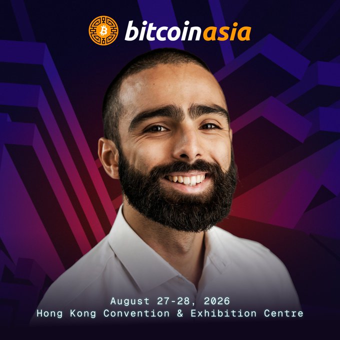 Promotional poster for 'bitcoin asia' conference featuring a smiling bearded man, with dates 'August 27-28, 2026' at 'Hong Kong Convention & Exhibition Centre' displayed at the bottom.