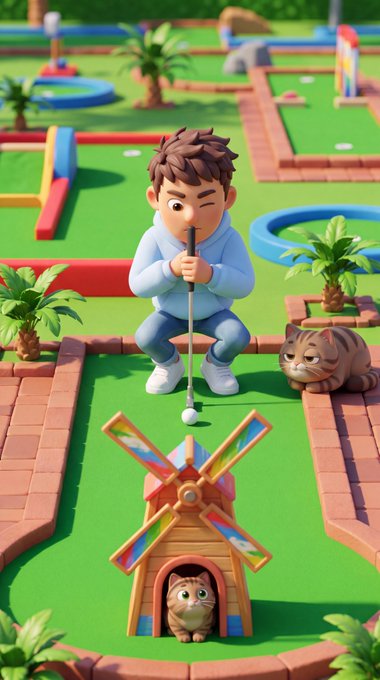 A 3D animated illustration of a boy playing mini golf on a colorful course, with a small windmill and a cat watching nearby.
