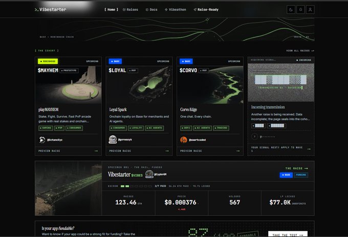A screenshot of the Vibestarter website showing listings for $MAYHEM, $LOYAL, and $CORV0 tokens, along with an incoming transmission message about an oracle page.