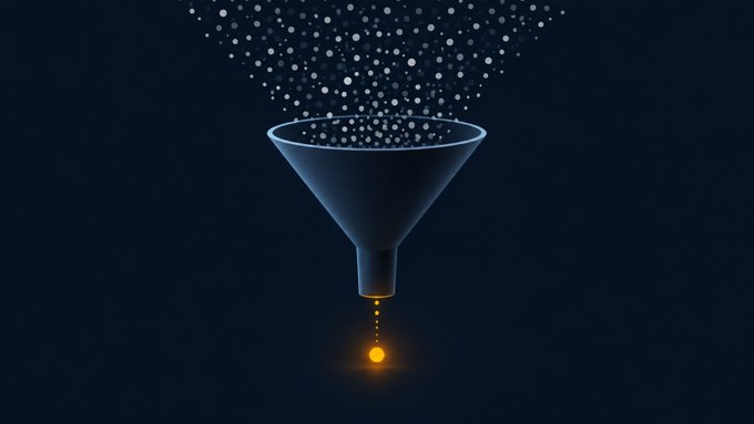 A 3D illustration shows white particles falling through a dark blue funnel, with a single glowing yellow droplet emerging from the bottom.