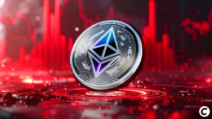 A silver Ethereum (ETH) coin is displayed against a dramatic red cityscape backdrop with falling price bars. The image visually reinforces SharpLink's significant acquisition of 5,000 ETH, valued at approximately $7.9 million.