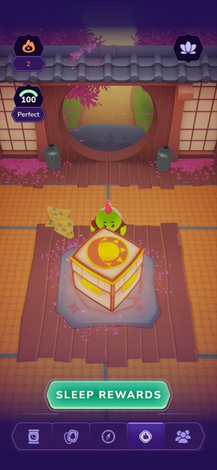 A mobile game screenshot showing a 'SLEEP REWARDS' screen with a Japanese-style dojo background, a glowing treasure chest, a green character, and currency indicators for 2 tokens and 100 perfect count.