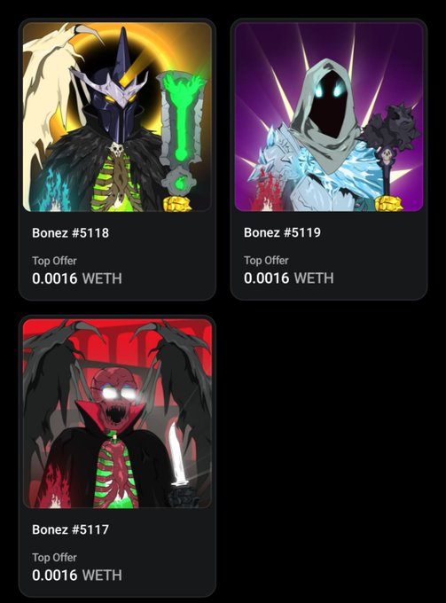 Three NFT listings for Bonez #5117, #5118, and #5119 each showing a top offer of 0.0016 WETH, featuring hooded skeletal characters with weapons and wings.