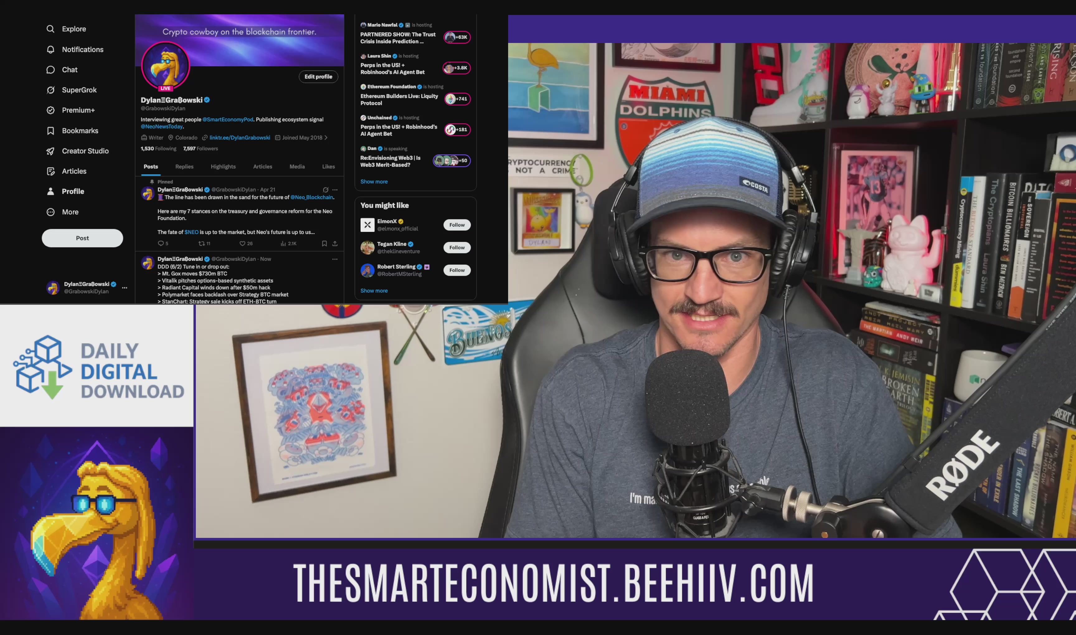 The image shows a man wearing glasses sitting behind a microphone, likely recording a podcast or live stream. The background features a computer screen displaying information about a podcast called "The Smart Economist. BeeHivehv.com". There are also several books scattered around the room, suggesting that this might be an office setting where the man is working on his content creation projects.