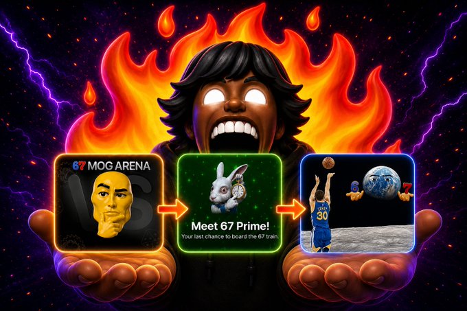 A dramatic digital artwork features a fierce, screaming character with glowing white eyes surrounded by flames and purple lightning, with three panels below showing '67 MOG ARENA', 'Meet 67 Prime! Your last chance to board the 67 train', and a basketball player shooting toward Earth on the moon.