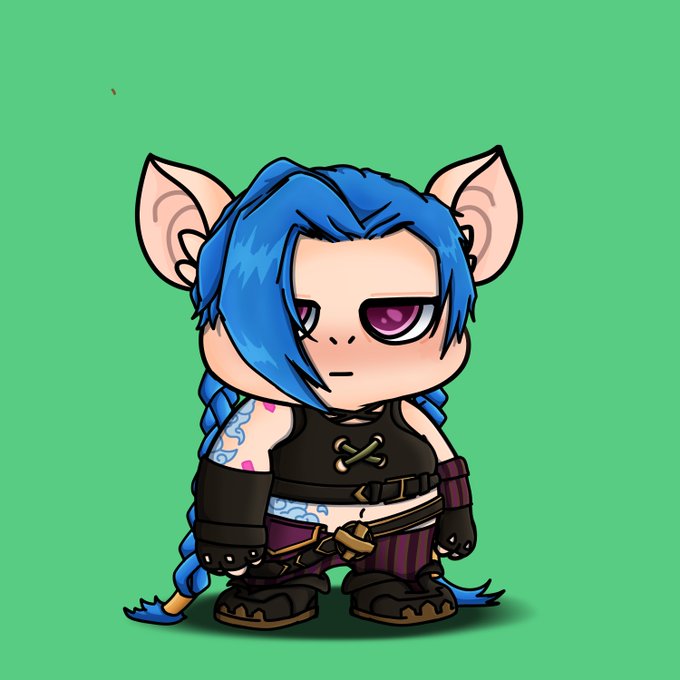 A chibi-style character illustration of a blue-haired humanoid with large pointed ears, purple eyes, and long braids, wearing dark armor-like clothing against a green background.