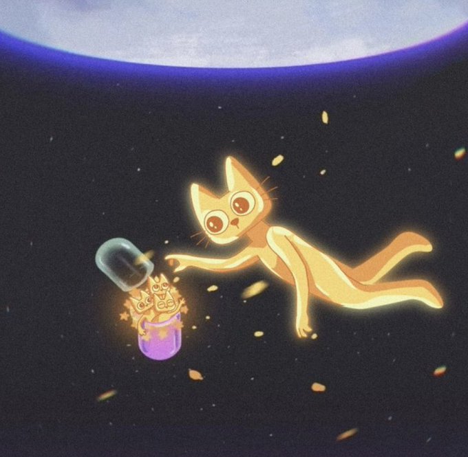 A glowing orange cat floats in space, opening a pill-shaped capsule filled with golden stars and coins next to a large moon. The image playfully illustrates the post's idea of "getting paid in gold" by depicting a celestial cat harvesting shiny rewards—evoking the allure of golden yields and ponzinomics in a bullish market.